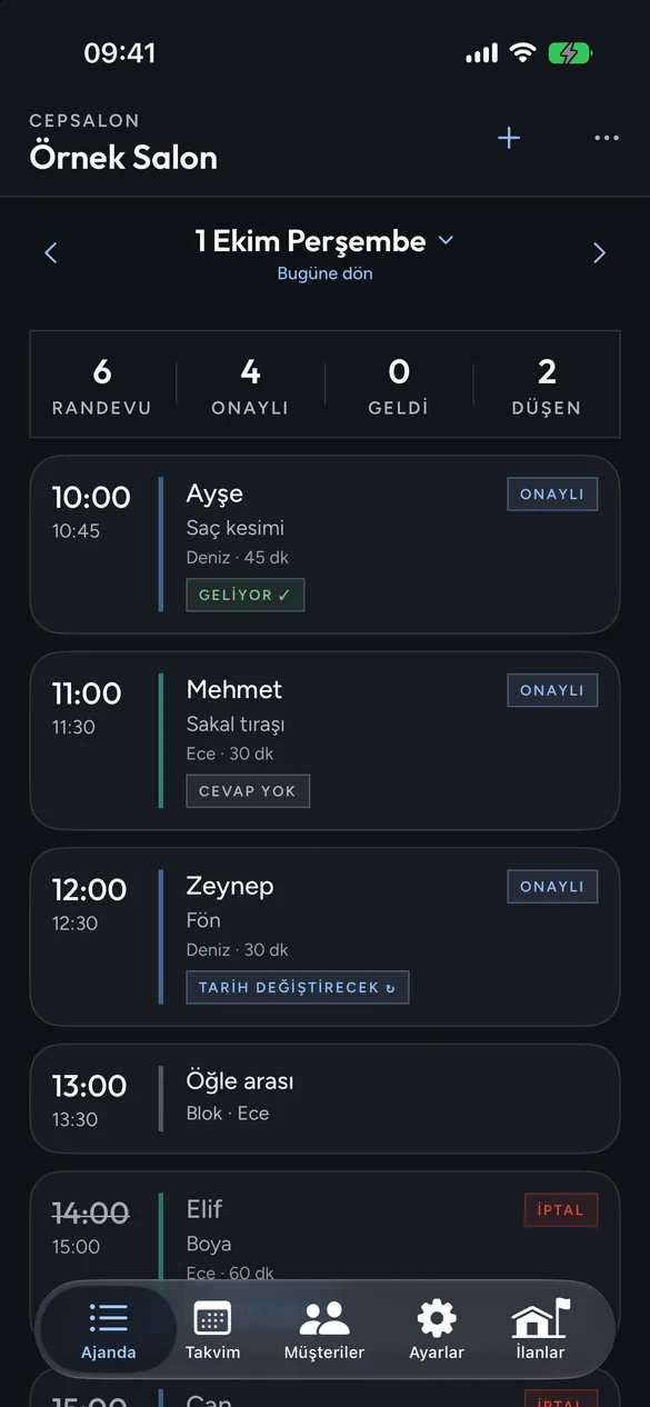 CepSalon ajandası: günün randevuları, onay durumları ve öğle arası
