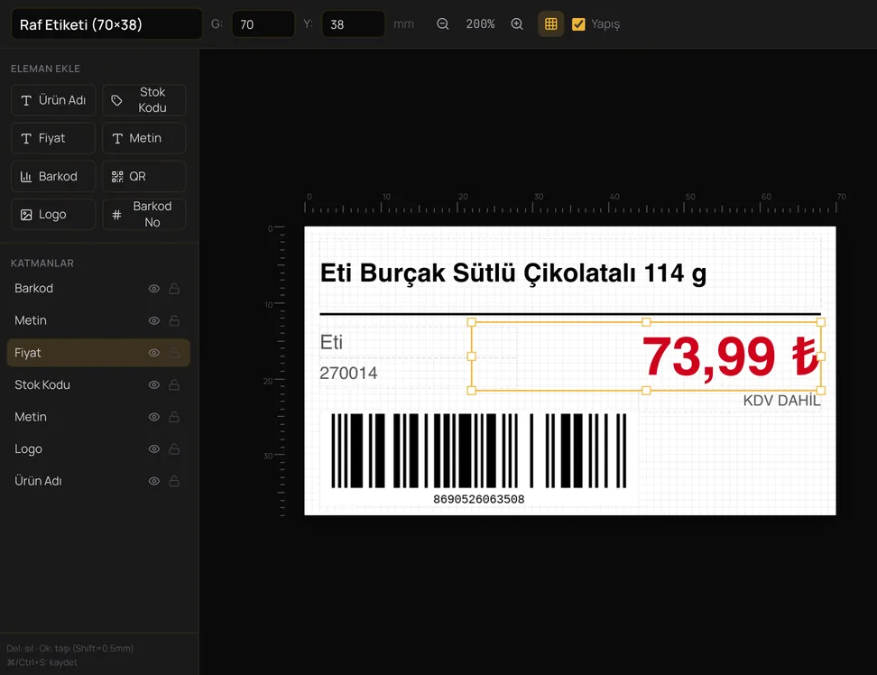 Labyra Label şablon tasarımcısı: eleman ve katman paneli, tuvalde barkodlu 70×38 mm raf etiketi ve seçili fiyat öğesi