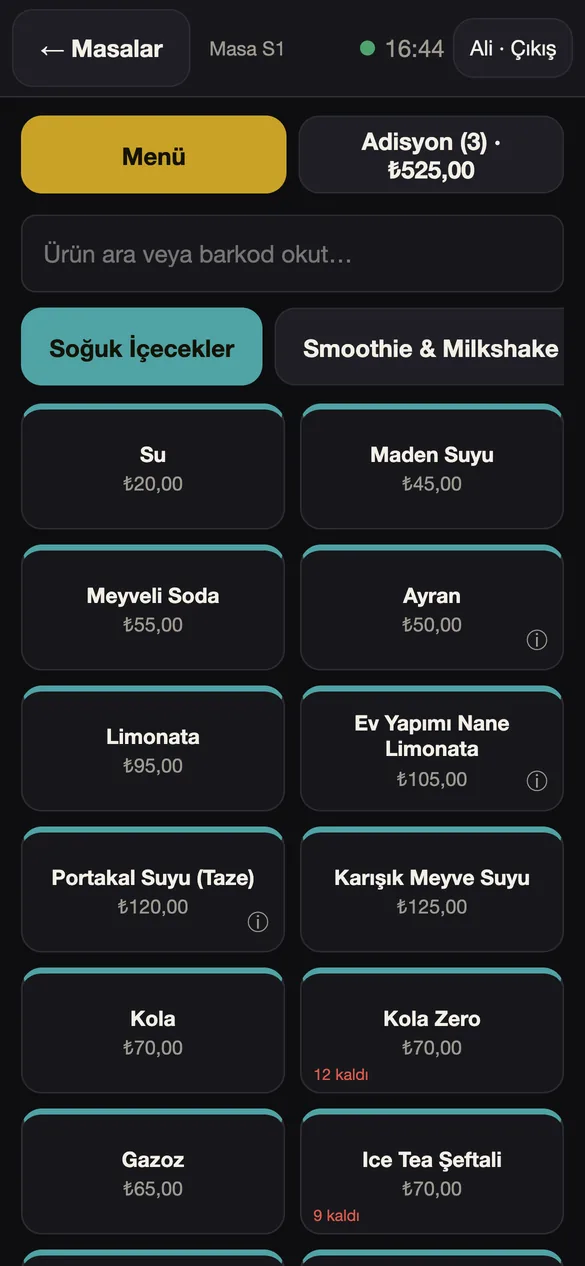 Labyra POS garson telefonu: masa S1 için soğuk içecek menüsü, stok uyarıları ve adisyon sekmesi