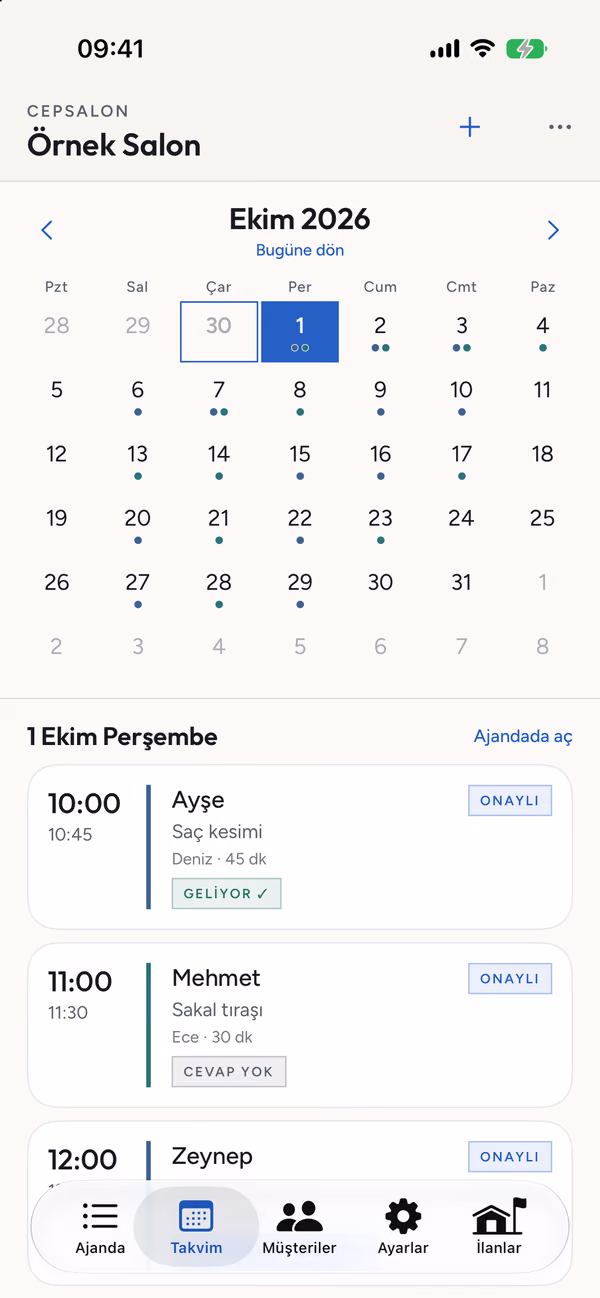 İşletme · Aylık takvim